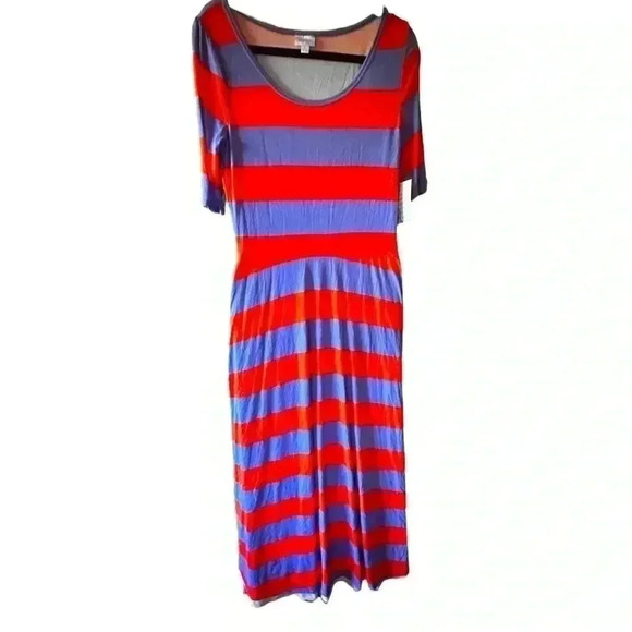 Lularoe Large Ana wide stripe varsity stripe maxi dress.Orange & denim blue.NWT - Picture 1 of 7